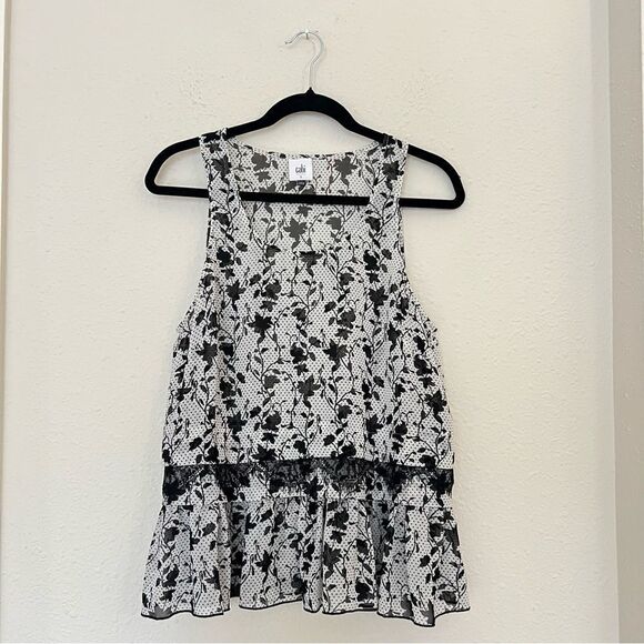 CAbi Everything Top Ruffle Hem Sheer Floral Bouquet Polka Dot Blouse Size Small - Picture 3 of 7